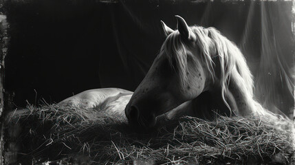a black and white photo of a horse in a barn with hay on the floor and hay on the ground.
