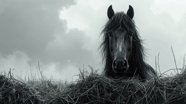 a black and white photo of a horse in a field of dry grass with a cloudy sky in the background.