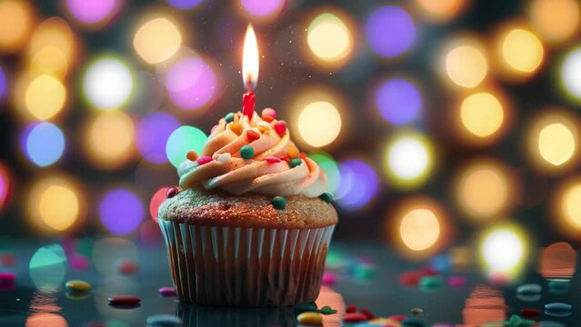 cupcake with candle and colorful sprinkles. delicious birthday cupcake with burning candle. seamless looping overlay 4k virtual video animation background