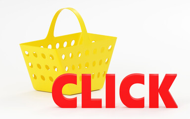 Luxury red inscription click on grey podium, soft light, front view smooth background, 3d rendering