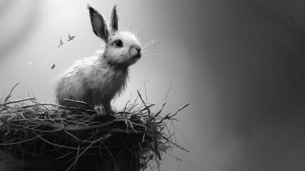 a black and white photo of a rabbit sitting on top of a bird's nest with a flock of birds flying around.