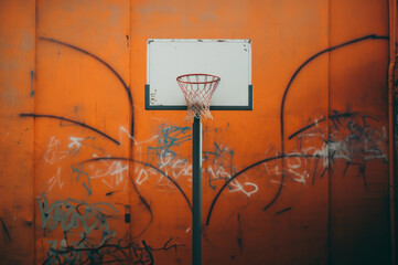 Urban Basketball Hoop on Graffiti-Decorated Court
