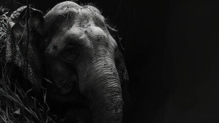 a black and white photo of an elephant with grass in it's trunk and it's trunk in the air.
