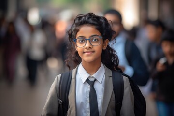Fototapeta premium A Smiling Young Girl with Glasses Poses for a Photo. Fictional Character Created By Generated By Generated AI.