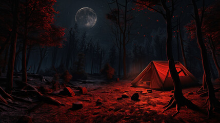 Tent Under Full Moon in Forest at Night