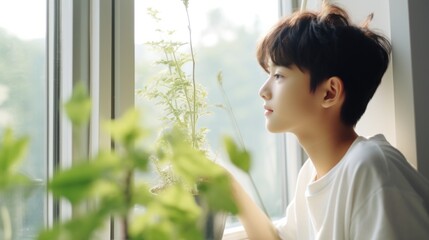 A young man gazes out of a window, contemplating life and enjoying the view. Fictional Character Created By Generated By Generated AI. - obrazy, fototapety, plakaty