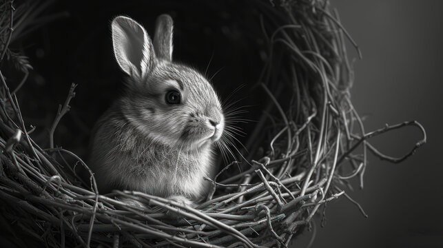 a black and white photo of a rabbit in a nest with its head sticking out of it's mouth.