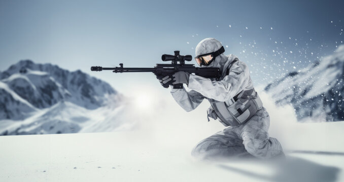 Soldier in Camouflage Aiming Rifle in Snow