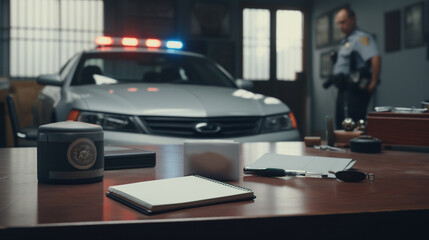 Police Officer's Desk with Patrol Car in Background