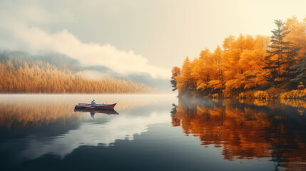 Person Rowing Boat in Misty Autumn Lake - obrazy, fototapety, plakaty