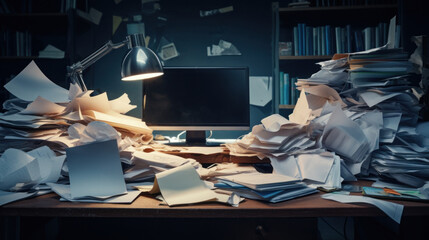 Overwhelmed Office Desk with Piles of Paperwork