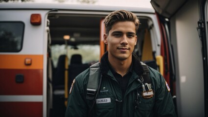 Young man a paramedic standing at the rear of an ambulance by the open doors he is looking at the camera with a confident expression smiling carrying a medical trauma bag on his shoulder