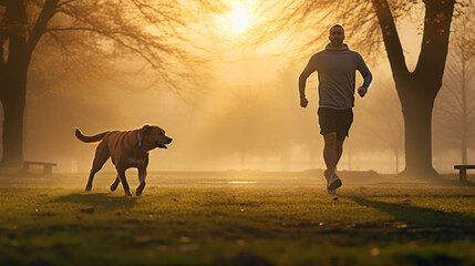 Man and Dog Enjoying a Sunrise Run in the Park - obrazy, fototapety, plakaty