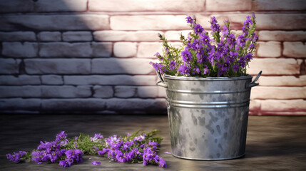Fototapeta na wymiar Lavender Flowers in Metal Bucket with Sunlight