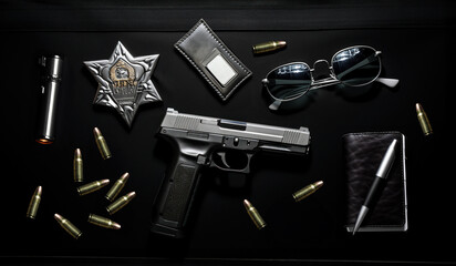 Handgun and Police Gear on Dark Surface - obrazy, fototapety, plakaty