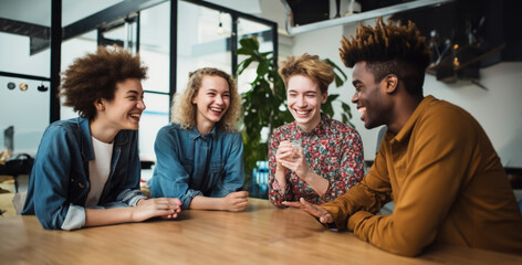 Group of Young Friends Laughing Together Indoors - obrazy, fototapety, plakaty