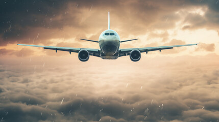 Commercial Airplane Flying Above the Clouds at Sunset