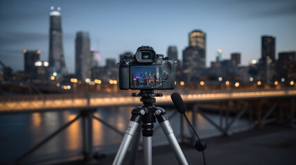 Camera on Tripod Capturing City Skyline at Dusk