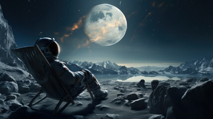 Astronaut Relaxing on Moon with Earth View