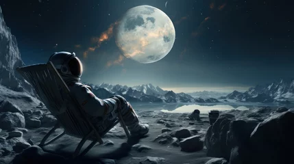 Papier Peint photo Lavable Pleine lune Astronaut Relaxing on Moon with Earth View