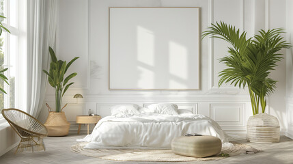 Mockup poster frame in white luxury bedroom interior. Generative AI