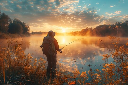 Fisherman at sunrise on a misty lake, casting a line in peaceful solitude.