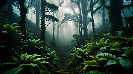Transport your audience to a magical cloud forest where the treetops are shrouded in mist. Describe the ethereal atmosphere and the mystical creatures that inhabit this enchanted realm - obrazy, fototapety, plakaty