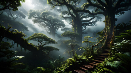 Transport your audience to a magical cloud forest where the treetops are shrouded in mist. Describe the ethereal atmosphere and the mystical creatures that inhabit this enchanted realm - obrazy, fototapety, plakaty