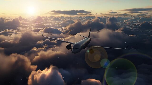 sky background with an airplane. commercial airplane flying above dramatic clouds. seamless looping overlay 4k virtual video animation background