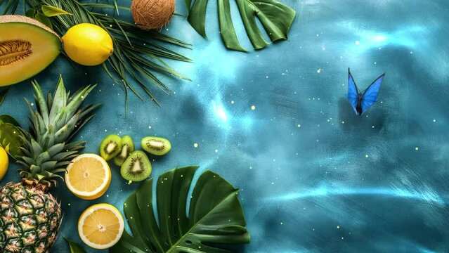 fresh fruits background with space for text. banner of exotic pineapples ripe coconuts banana melon. seamless looping overlay 4k virtual video animation background