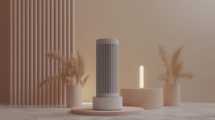 a couple of white vases sitting on top of a white table next to a tall white vase with a plant in it.