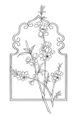 Peach blossom pattern design, branches, leaves and blooming flowers, black and white, digital art. 