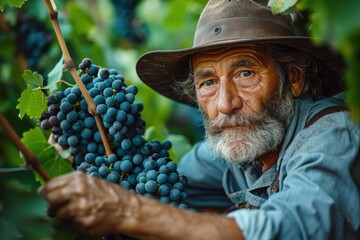 A seasoned vineyard worker, with weathered hands and a wise gaze, proudly presents a bountiful...