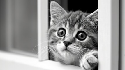 a black and white photo of a kitten peeking out of a window with its paw on the window sill.