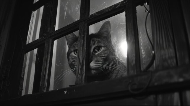 a black and white photo of a cat looking out of a window at another cat looking out of the window.
