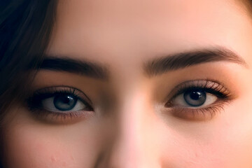 The eyes of a beautiful young girl. Close-up of a face. soft, blurred background, bokeh. Developing hair.