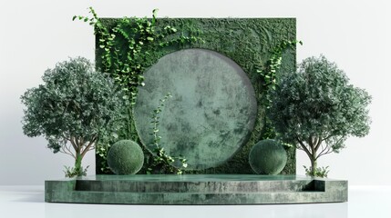 3D model of a green stage with a green circle on a wall wrapped in vegetation, Trees on the sides, white background, 3D style, rich texture, vibrant, realistic, immersive, organic, detailed, lush, 