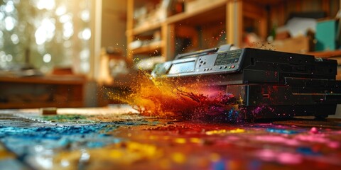 office or professional photocopier or printer with color splashes for high quality printing services as wide banner with copy space area. Generative AI