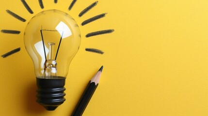 a light bulb sitting on top of a yellow wall next to a pencil and a lightbulb on a yellow wall.