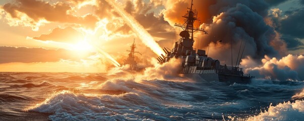 wide banner of missiles being launched out of warboats destroyers for military special navy missions concepts, Generative AI - obrazy, fototapety, plakaty