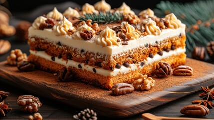 a piece of cake sitting on top of a wooden cutting board next to nuts and a pine cone on top of it.