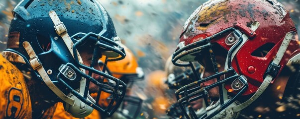 wide poster of hothead to head American football helmets challenge match advertisement banner with statistics HUD information overlays with copy space, Generative AI
