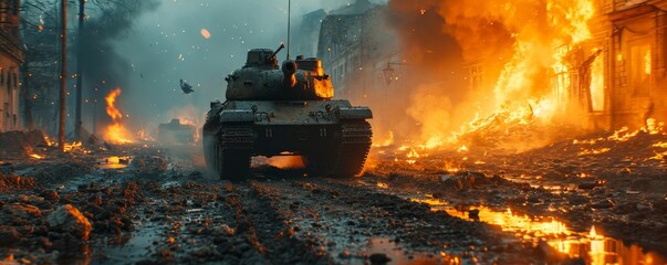 armored tank crosses a mine field during war invasion epic scene of fire and some in destroyed city as banner with copyspace area. Generative AI