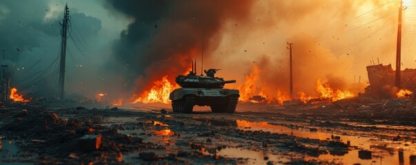 armored tank crosses a mine field during war invasion epic scene of fire and some in destroyed city as banner with copyspace area. Generative AI