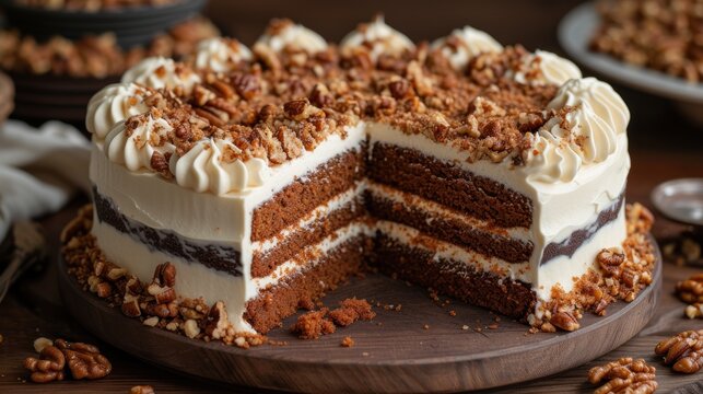 A Chocolate Cake With White Frosting And Walnuts On A Wooden Platter With A Slice Cut Out Of It.