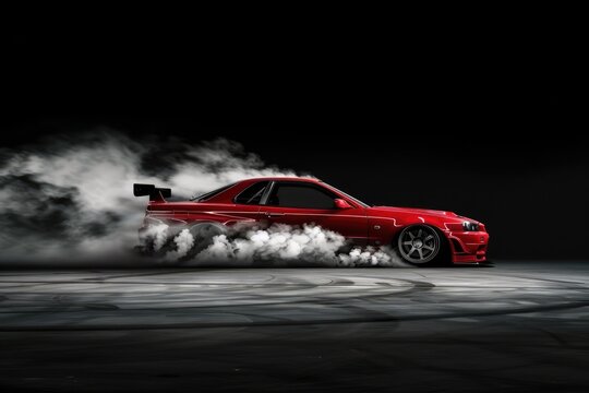 A vivid image of a red performance car drifting on a track with smoke billowing from the tires