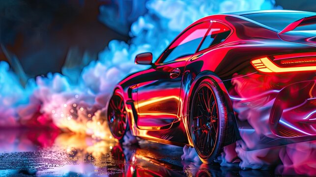 Captivating image of a powerful red sports car amidst colorful high-speed pursuit rendered in artistic style with dramatic lighting