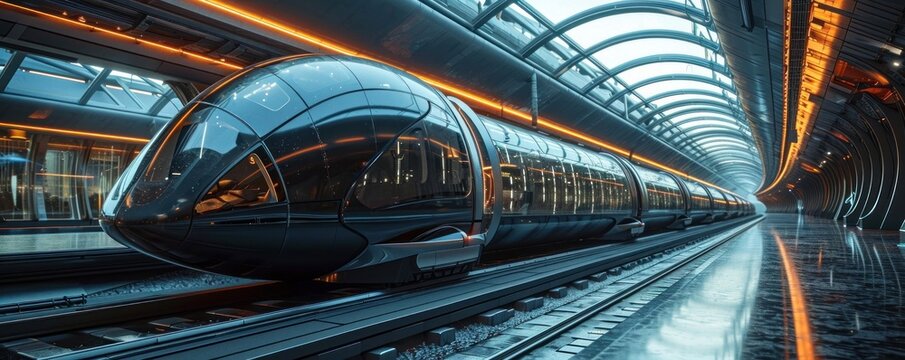 futuristic bullet train or hyperloop ultrasonic train cabsul with full self driving system activated for fast transportation and autonomy concepts as wide banner with copy space area. Generative AI