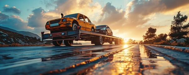 generic unidentifiable car loaded on a towing or recovery breakdown truck driving on the highway for repairing or warranty services concepts as wide banner design with copyspace. Generative AI - obrazy, fototapety, plakaty