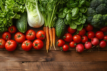 Assortment of fresh colorful organic vegetables on wooden pine table, raw food background, top view, horizontal